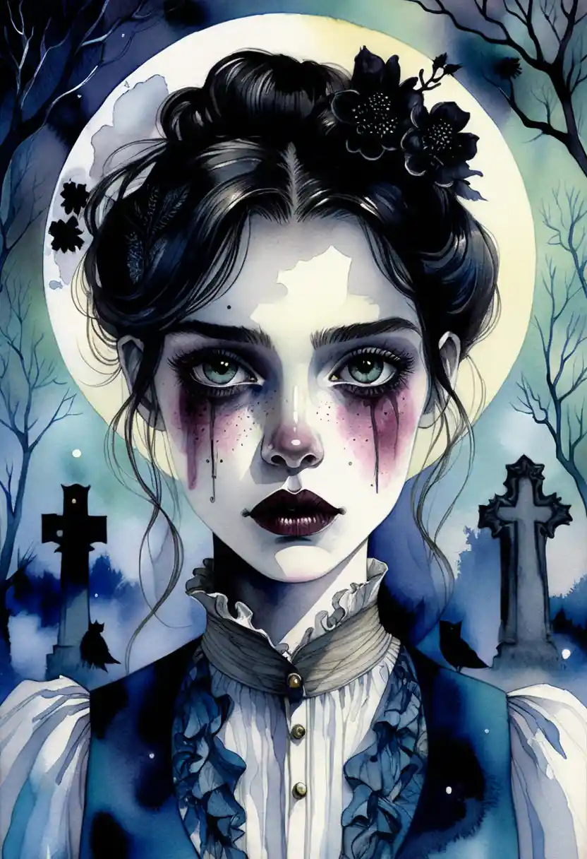 Gothic woman in graveyard under moonlit night sky