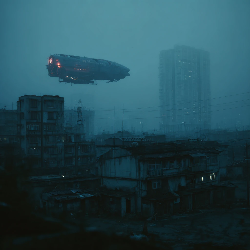 Unheimliche Sci-Fi-Frau in einer futuristischen chinesischen Geisterstadt
