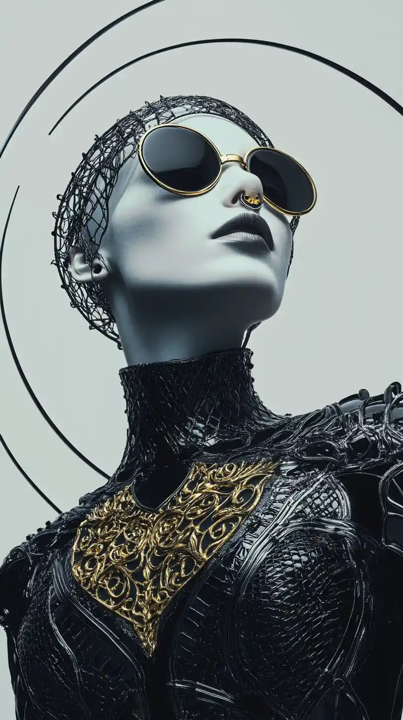 Futuristic armored woman in sunglasses with halo lines