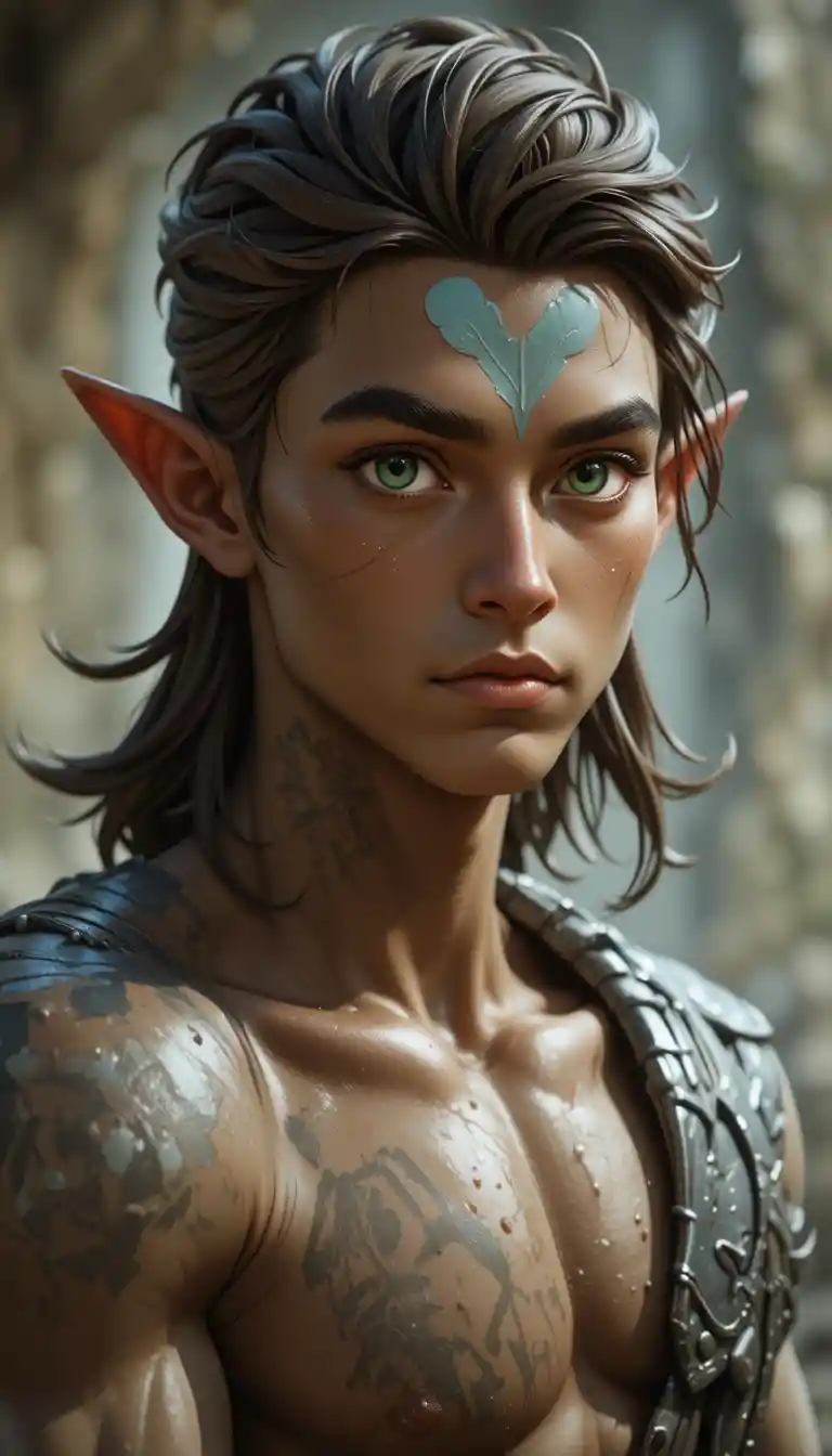Young fantasy man with brown skin and green eyes portrait