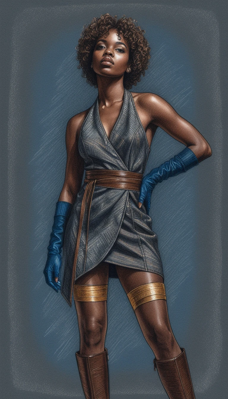 Confident young woman in brown leather dress illustration