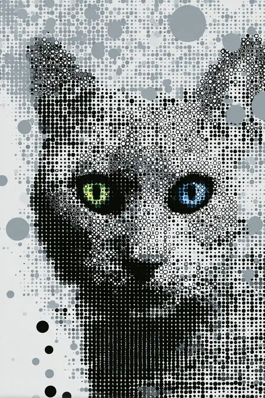 Optical illusion cat portrait made of black dotted grid