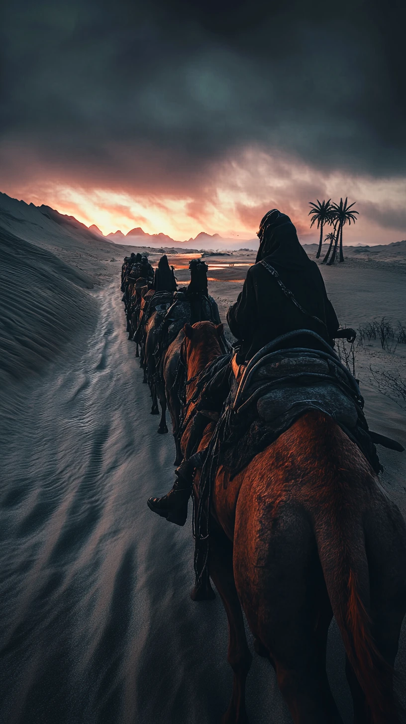 Camel caravan crossing a cursed desert at fading light