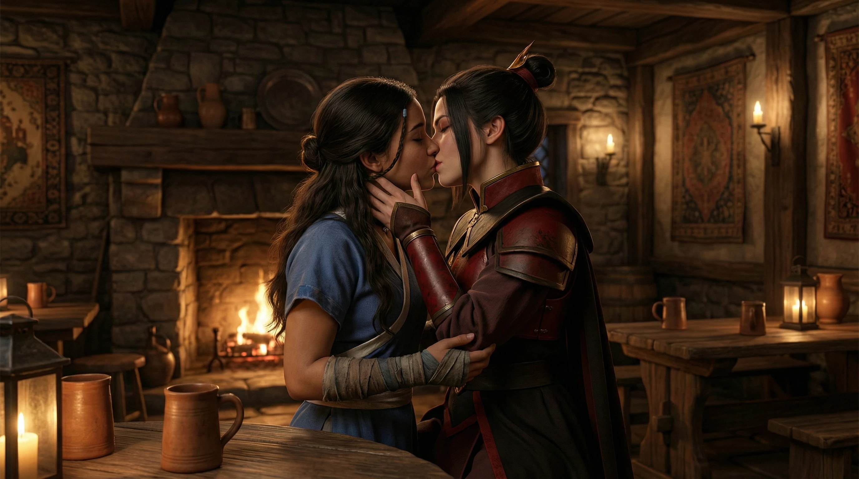 Passionate kiss between two girls in an ancient tavern