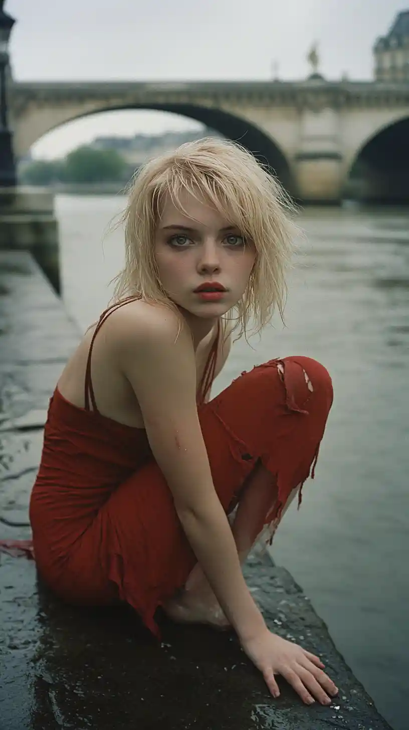 Young woman crouching by the Seine in soft gray daylight