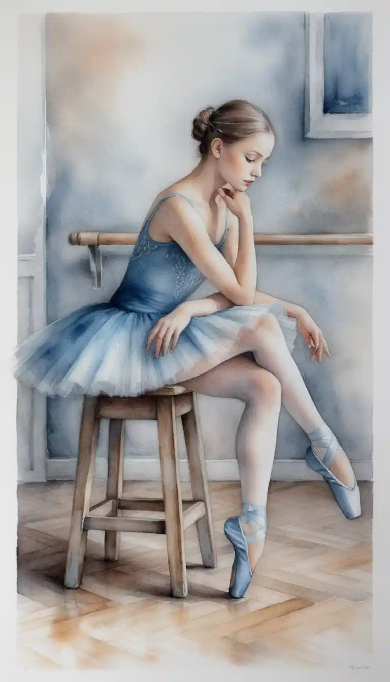 Contemplative ballerina on wooden stool in teal studio