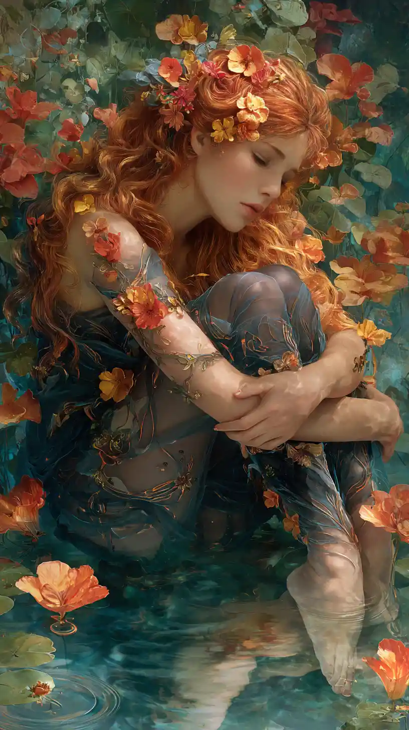 Ethereal woman curled in shallow forest water with flowers