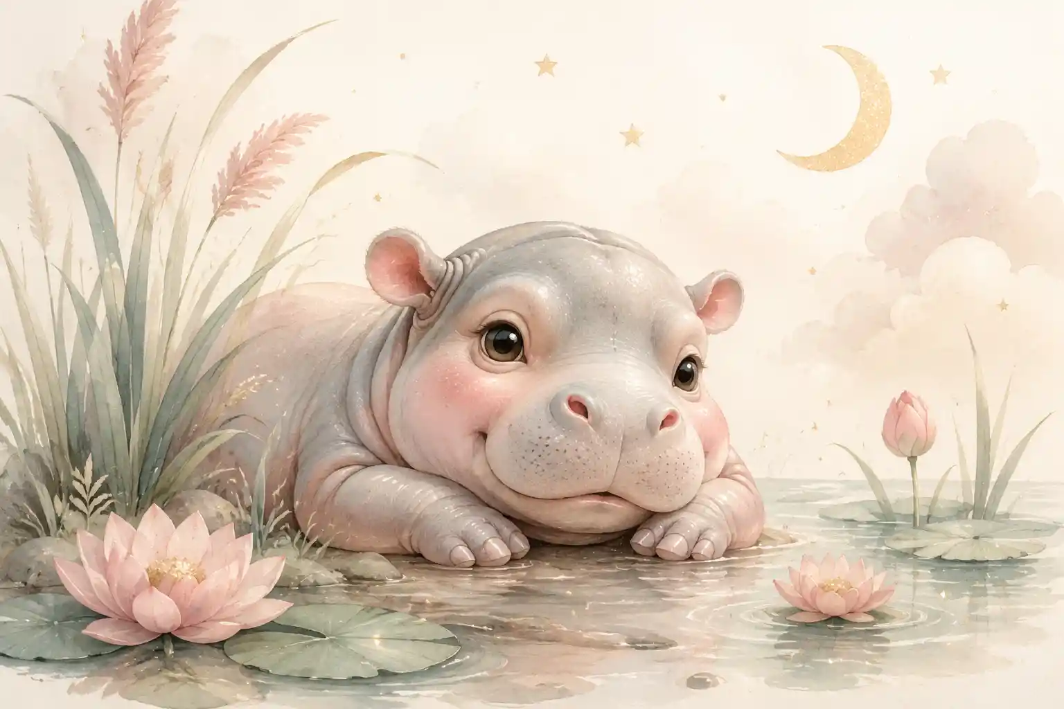 Baby Hippo Resting Beside Pastel Reeds And Lily Pads