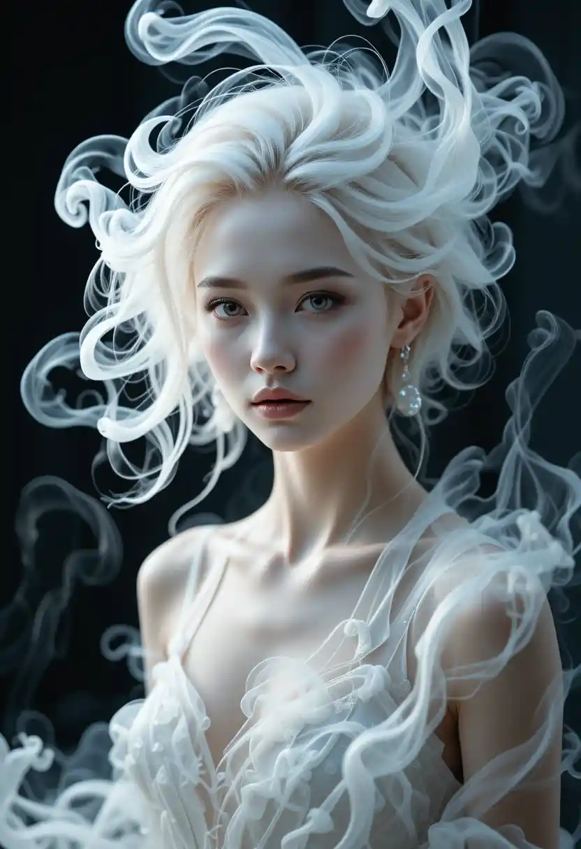 Surreal portrait of a woman formed from swirling white smoke