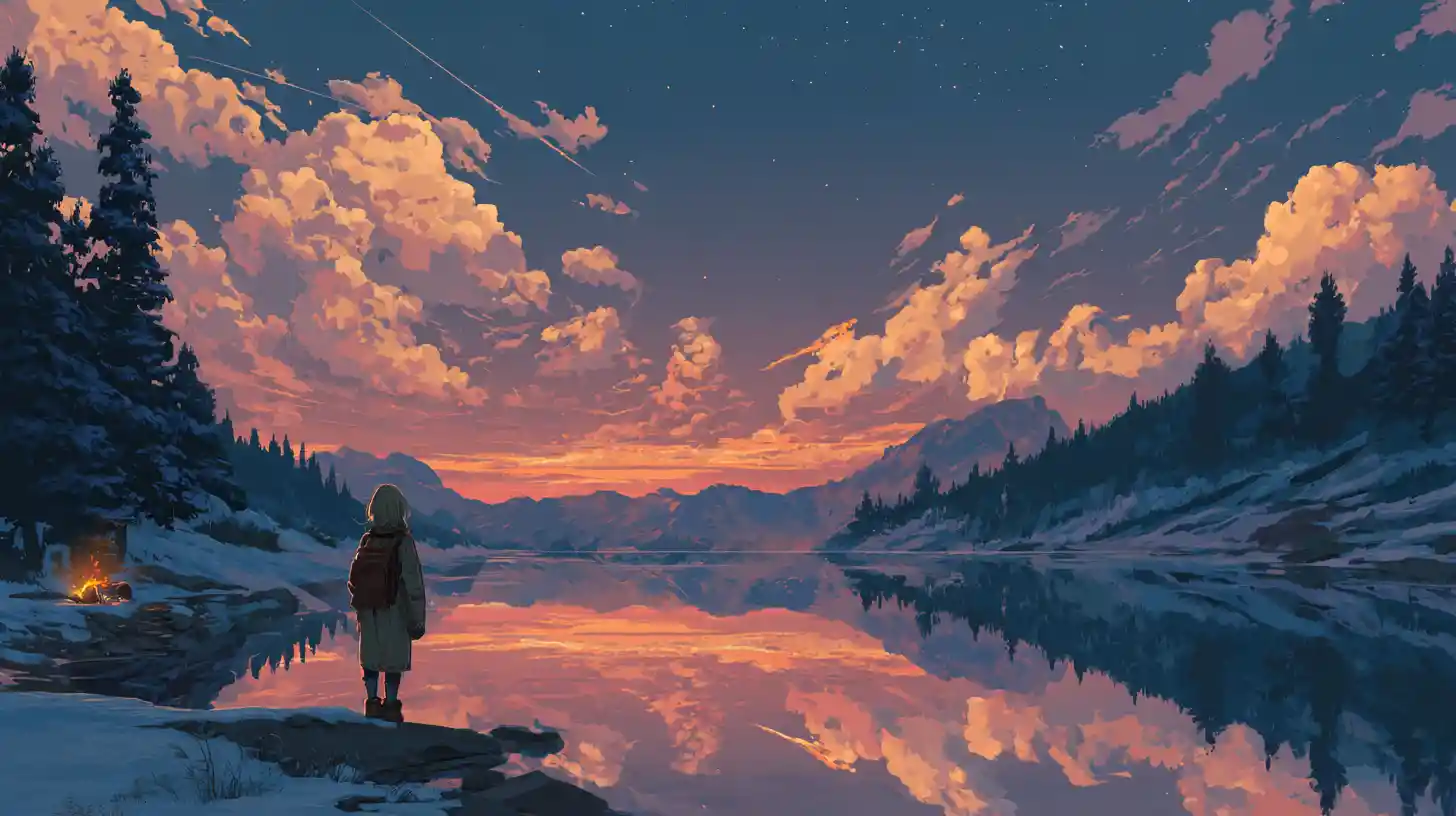 Girl in pioneer outfit gazing over sunset mountain lake