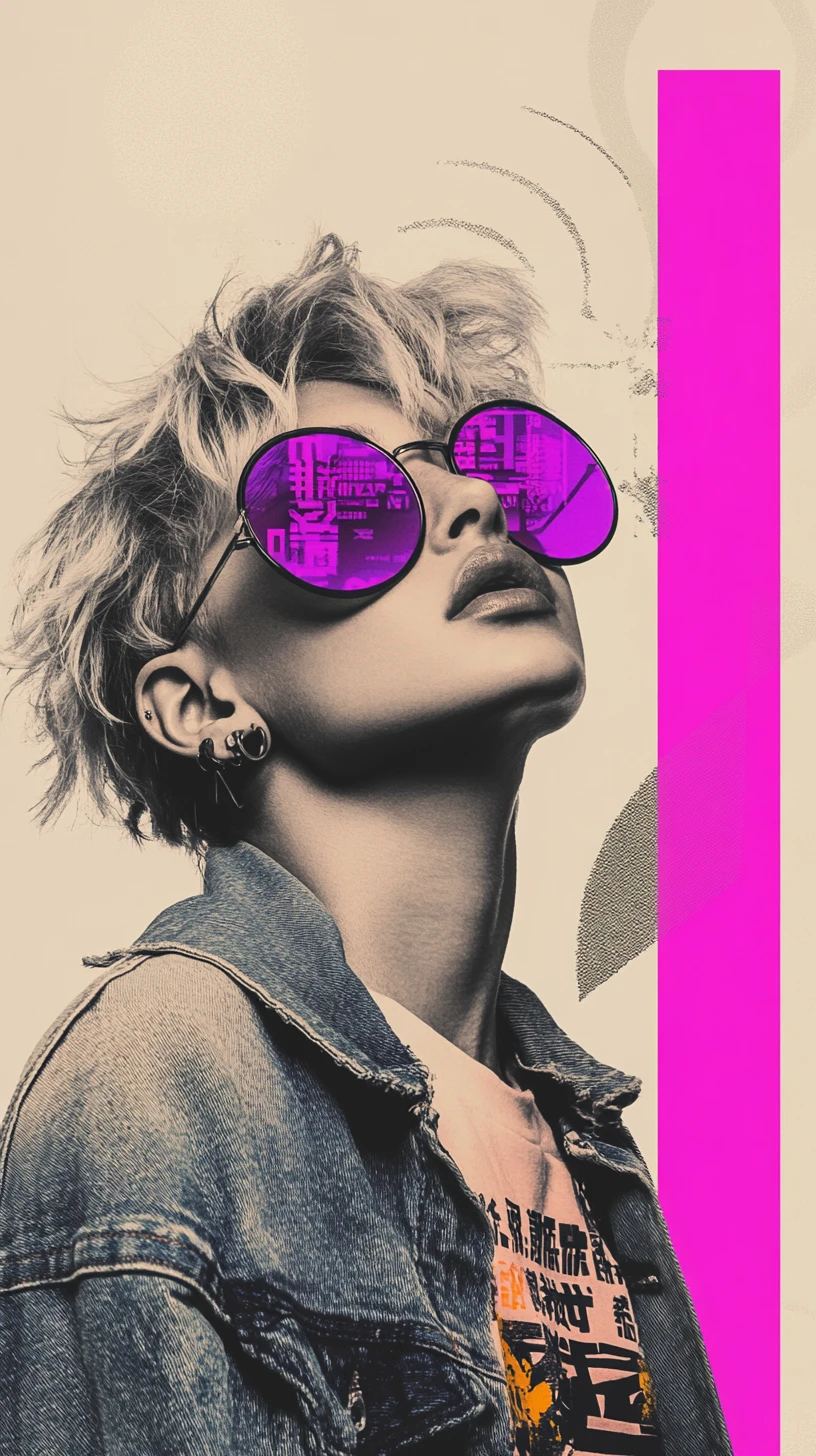 Androgynous fashion portrait with neon graphic collage background