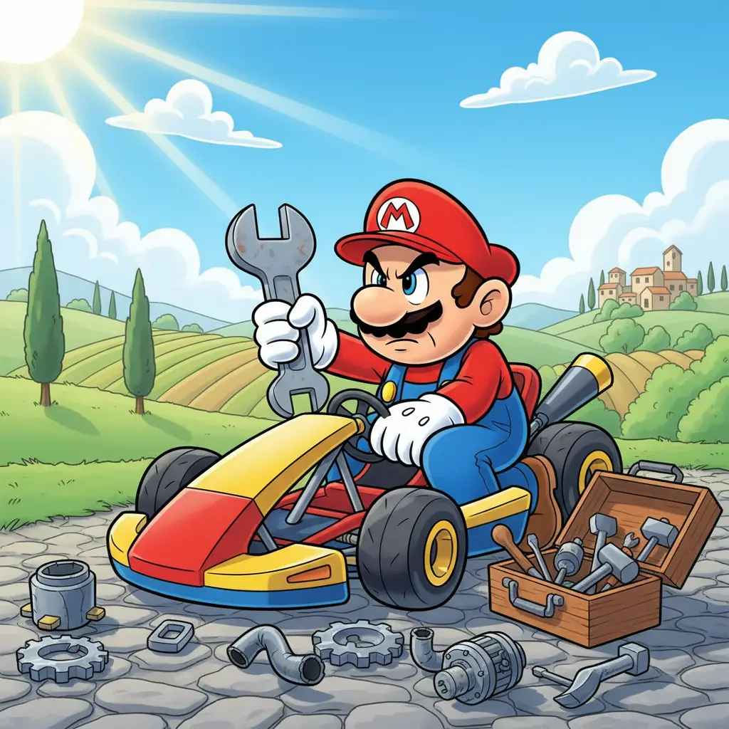 Pilote de dessin animé réparant un kart coloré à la campagne ensoleillée