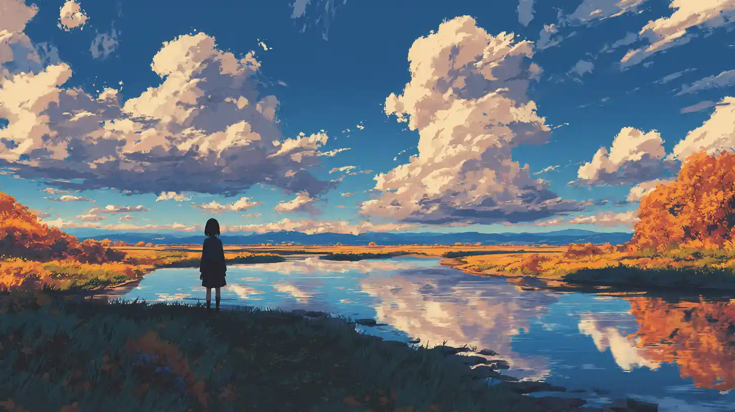 Anime school girl by a calm autumn river landscape