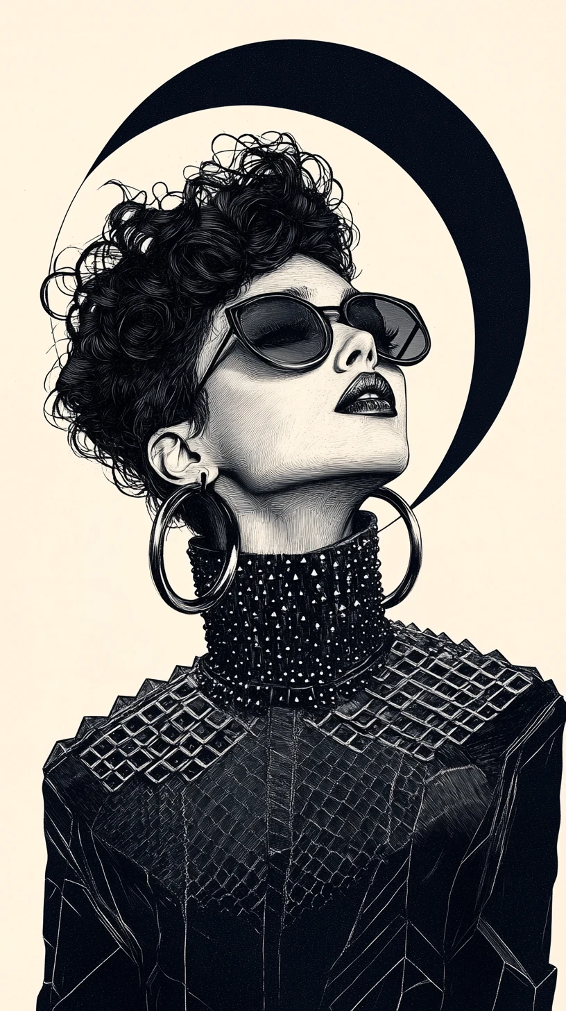 Stylish woman in cyberpunk collar with bold graphic halo