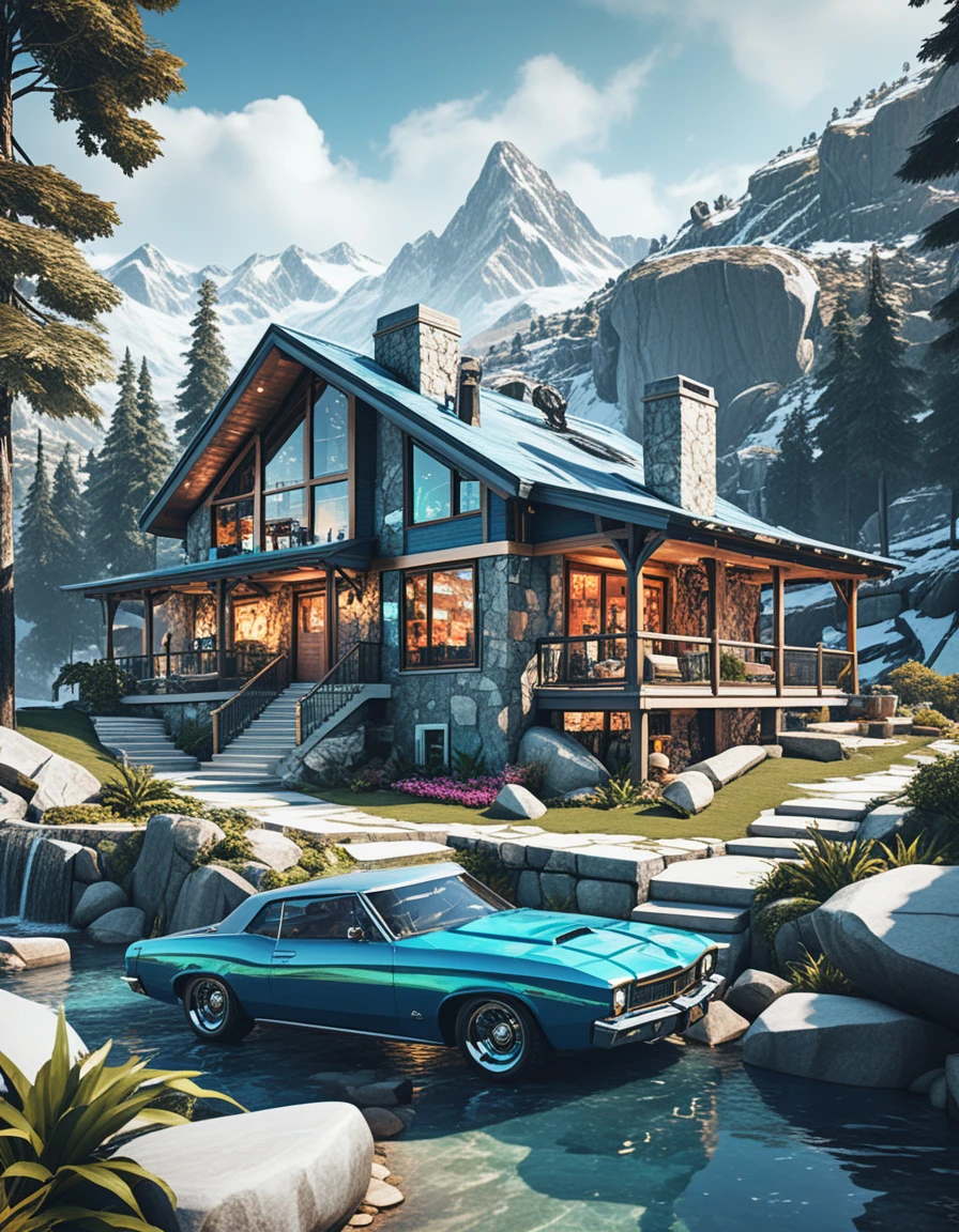 Luxury rustic mountain cabin in isometric fantasy style