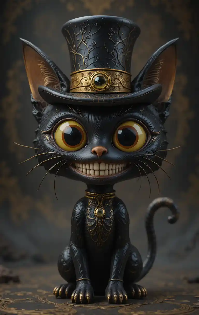 Black and gold 3D kitty cat with top hat and big grin