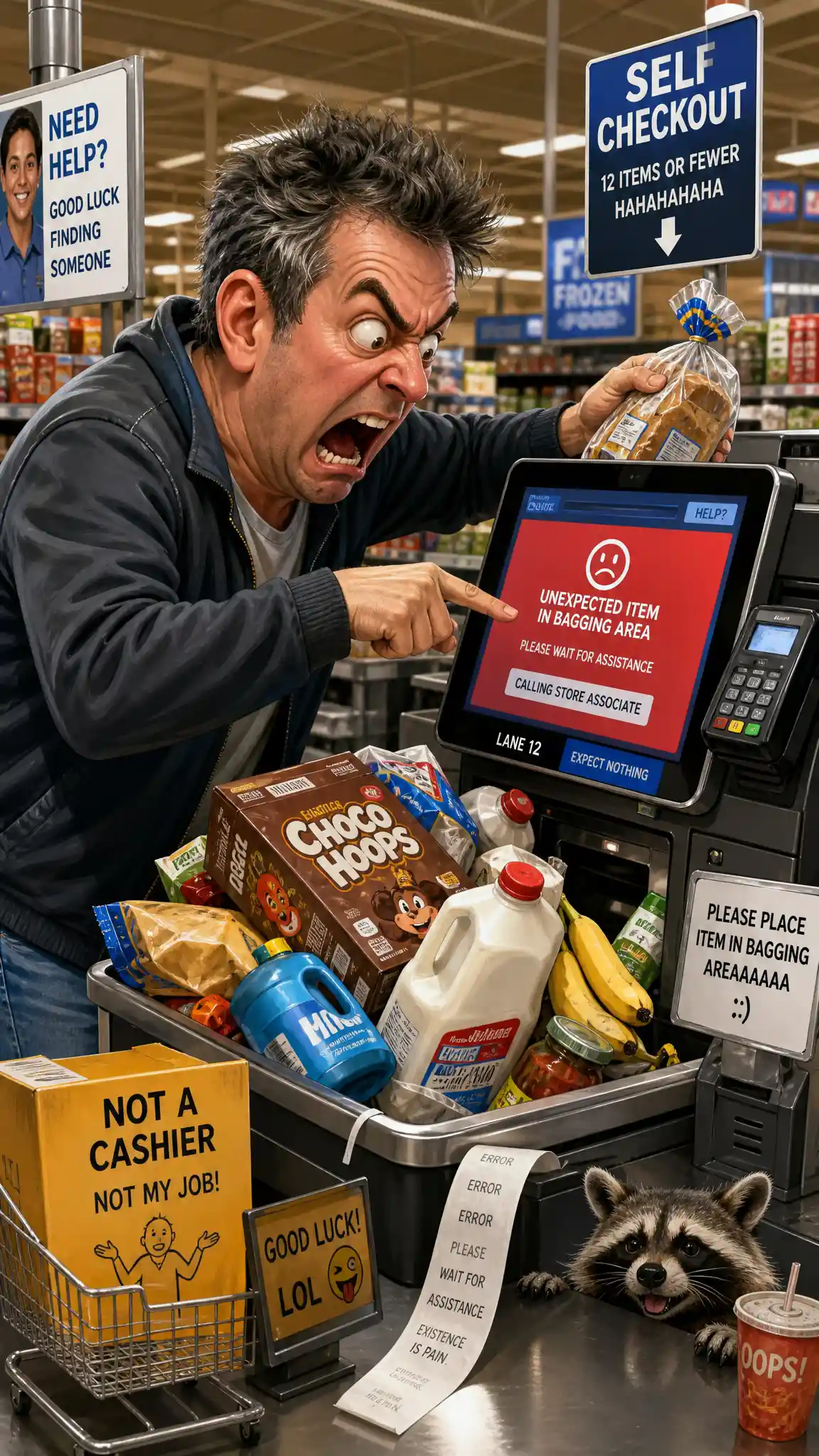 Angry shopper battling a self checkout grocery register
