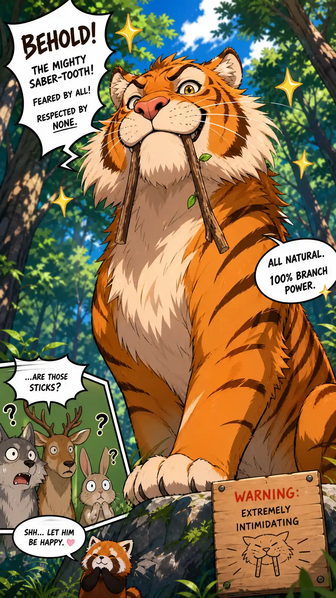 Playful anime saber toothed tiger mimicking fangs with twigs