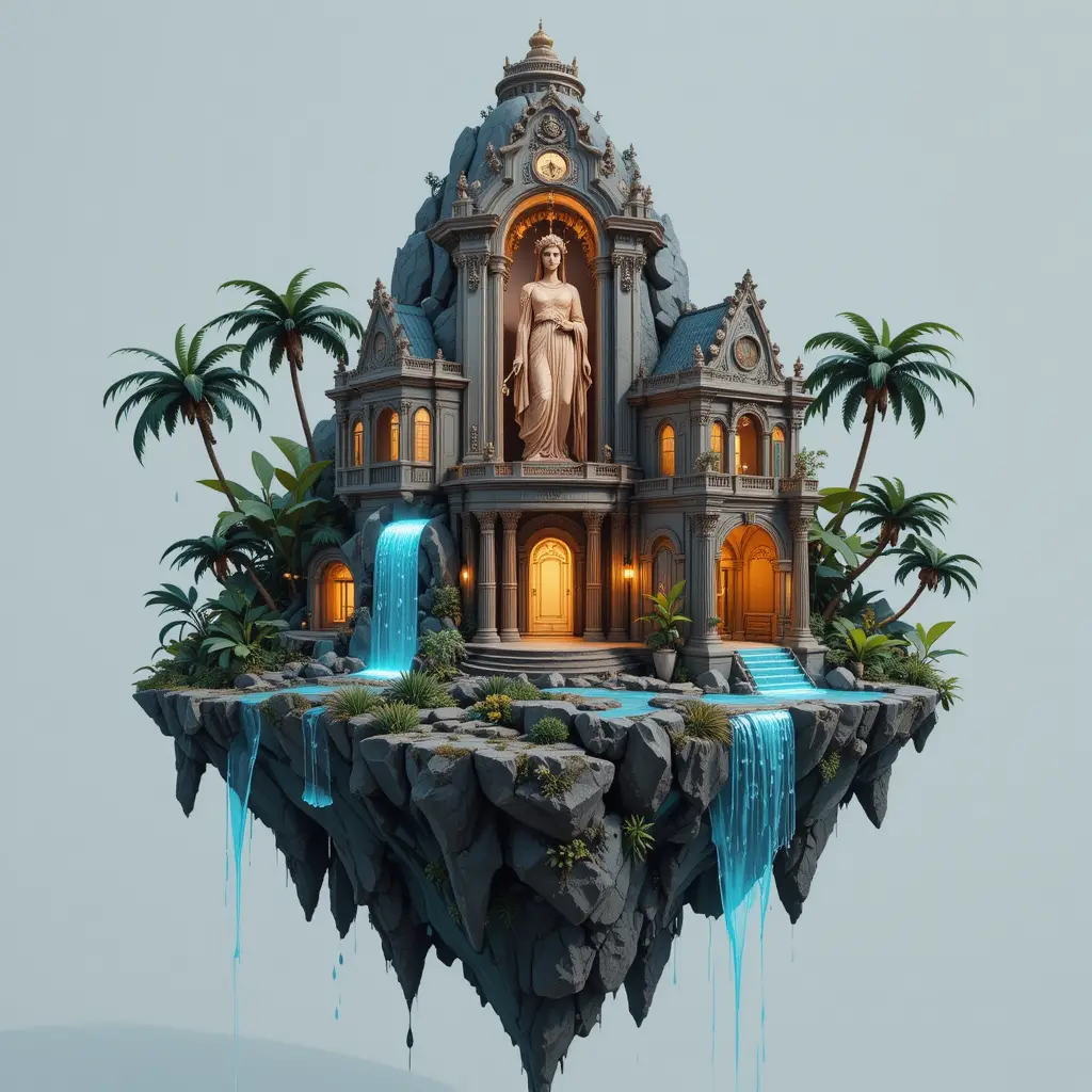 Floating island temple with neon lit greek goddess relief