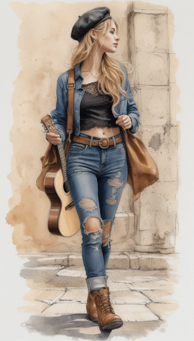Young woman walking with guitar and oversized jacket