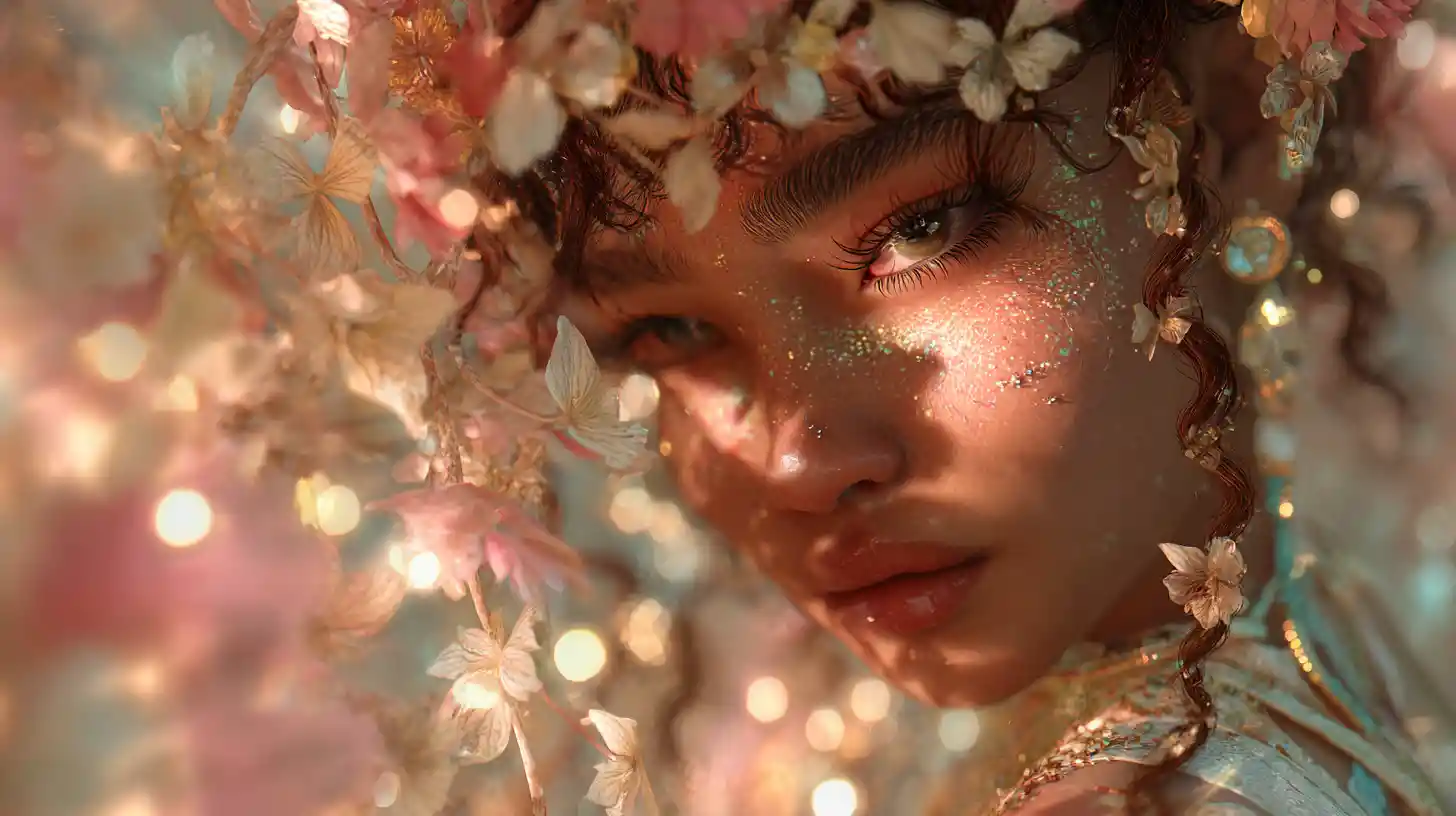 Ethereal Ethiopian princess drifting in glowing fantasy city