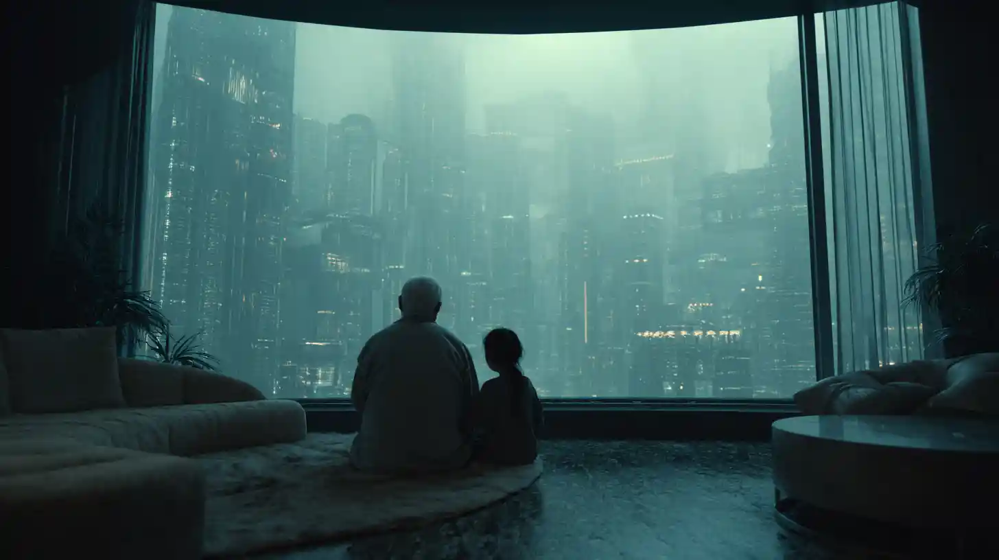 Asian girl with granddad in futuristic living room