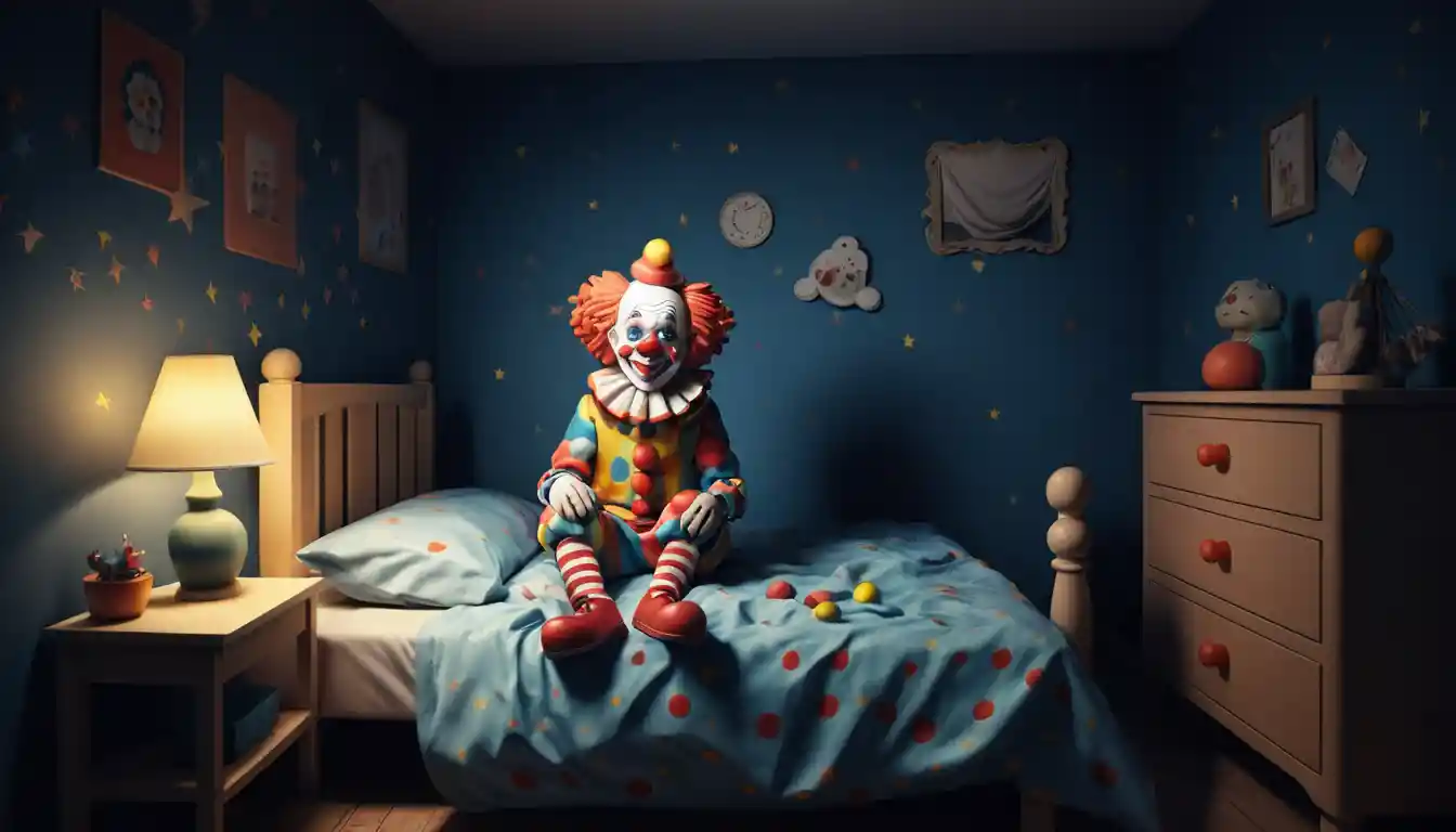 Childish clay illustration of a scared kid in bed with clown