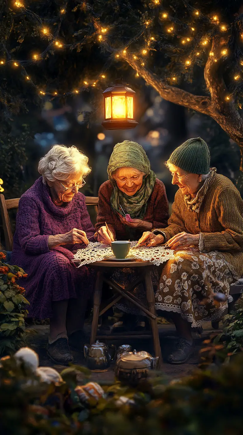 Three grandmothers making lace together in a cozy garden