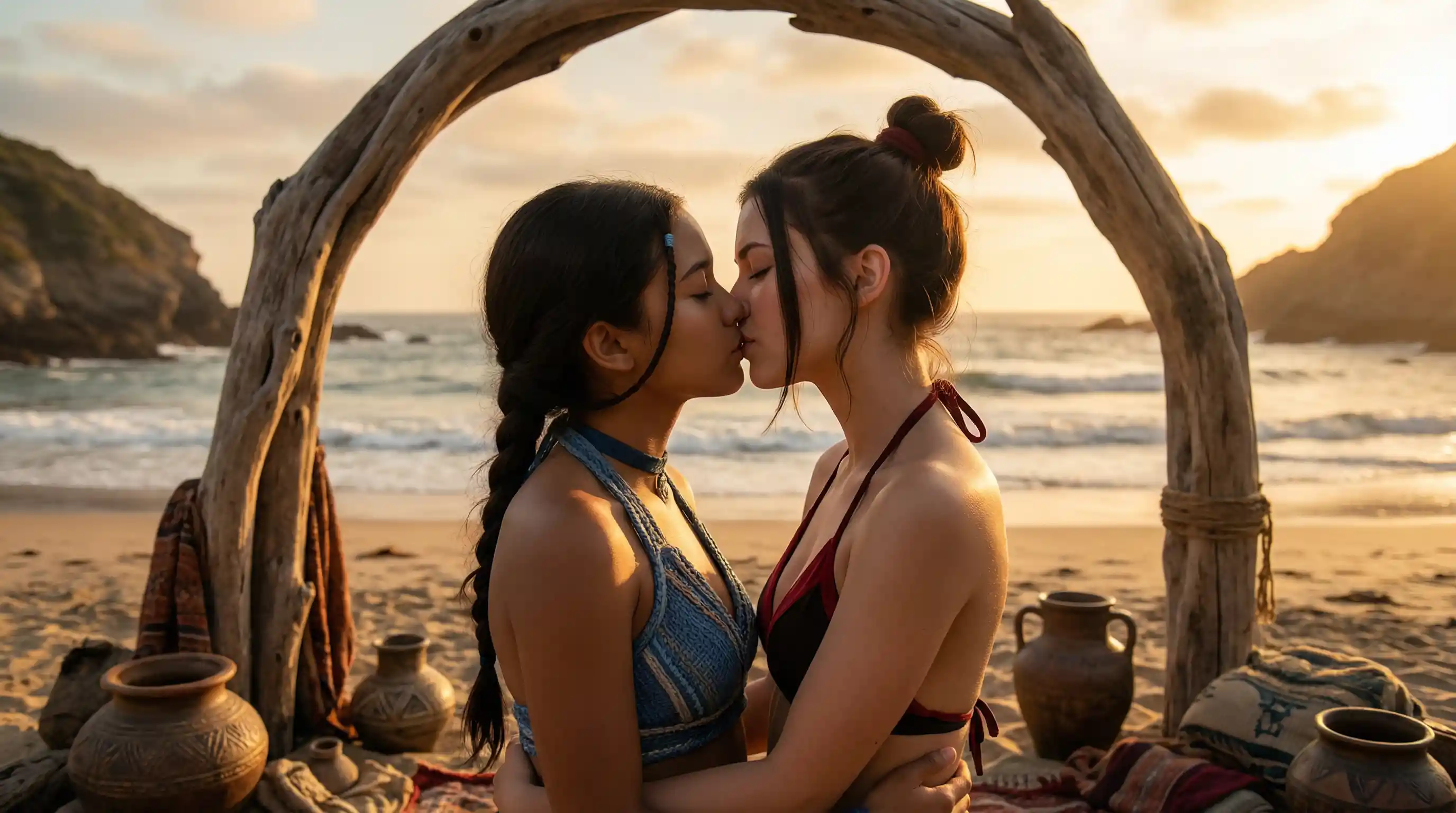 Two young women sharing a passionate kiss on a beach