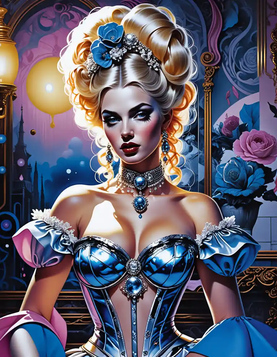 Sultry fantasy enchantress in lavish rococo mansion