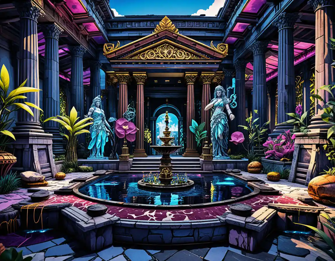 Floating island temple diorama with neon lit fantasy architecture