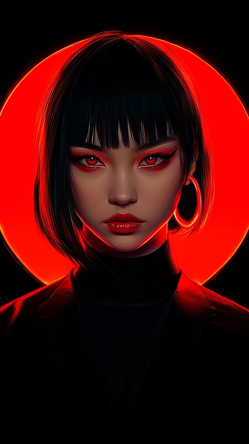 Mysterious woman with red halo and glowing cyberpunk gaze