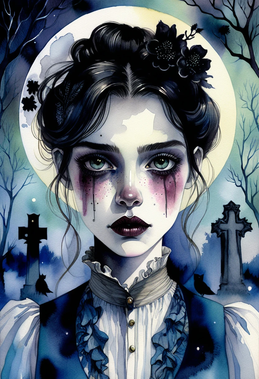 Femme gothique dans un cimetière sous un ciel nocturne éclairé par la lune