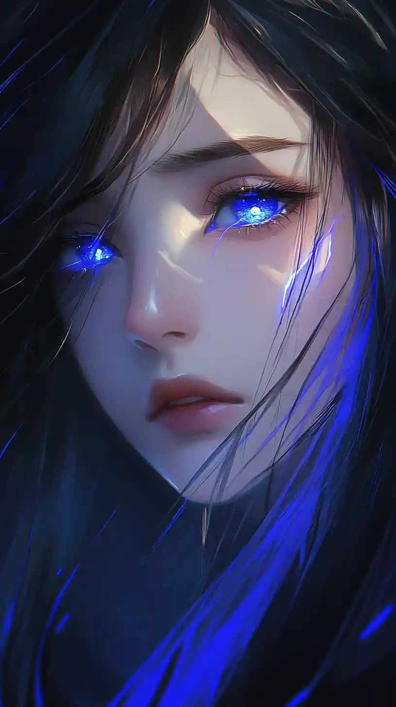 Melancholic anime woman with glowing blue tear in darkness