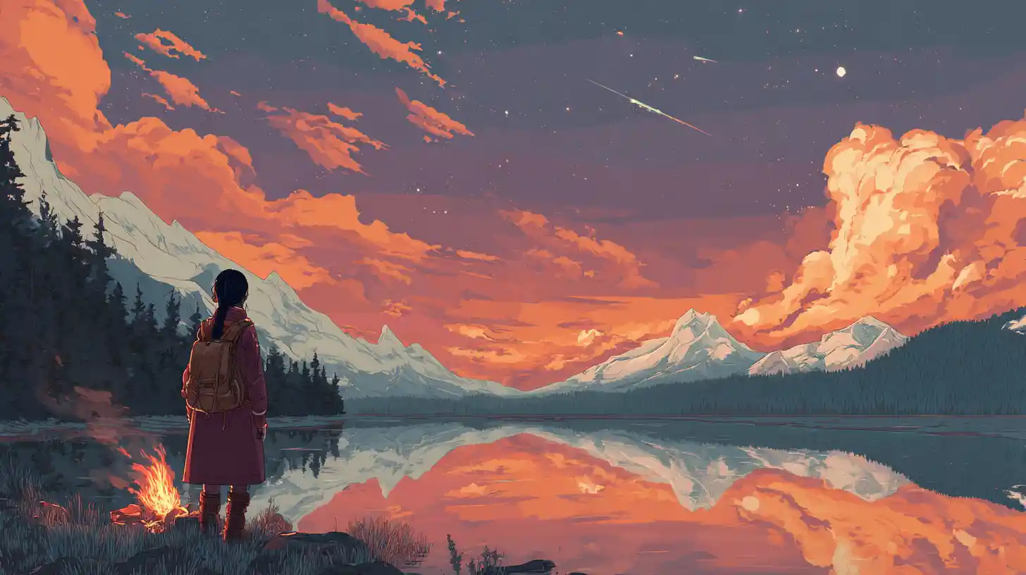 Girl in pioneer uniform gazing over tranquil mountain lake