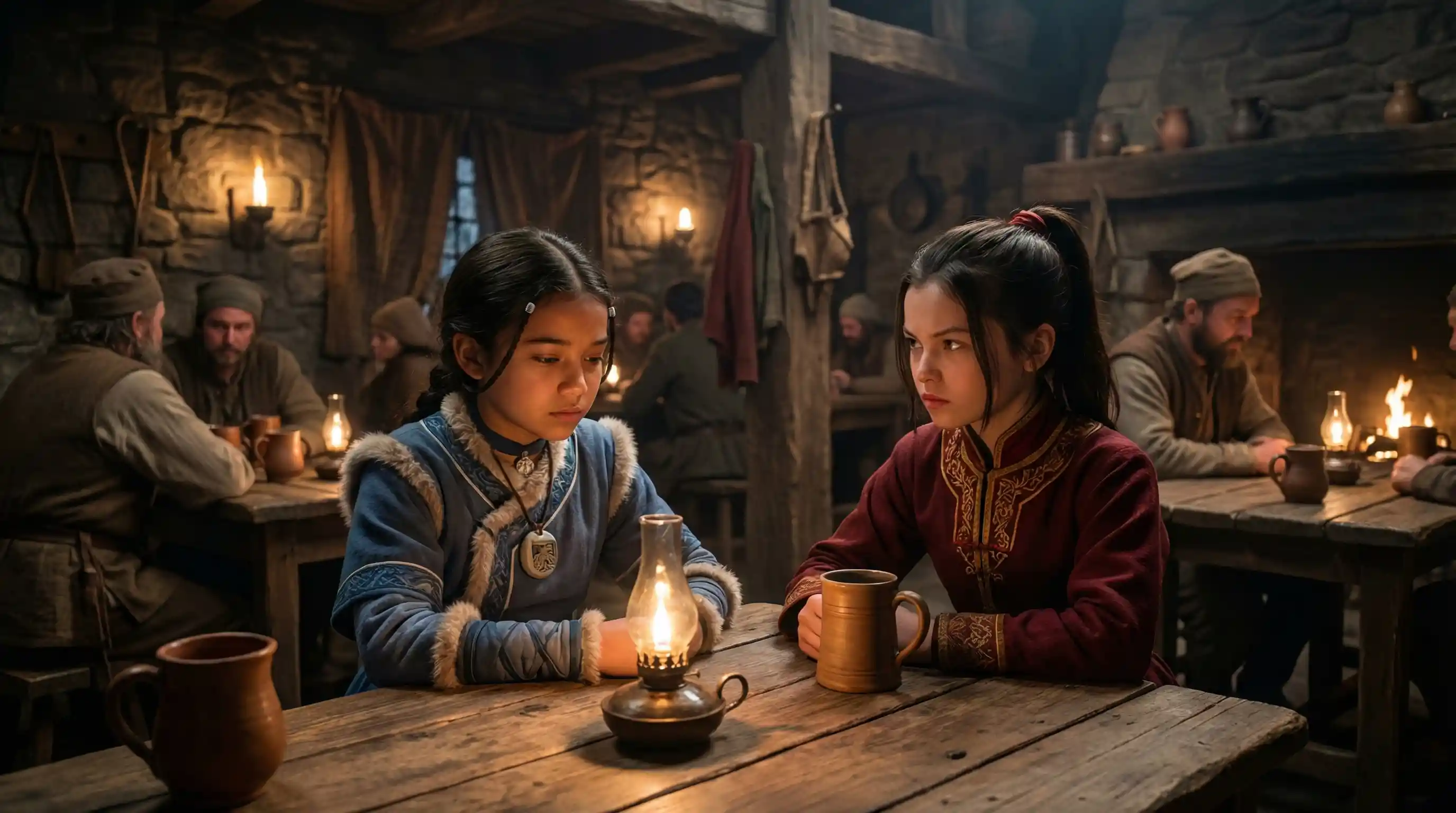 Realistic fantasy girls sitting together in an ancient tavern