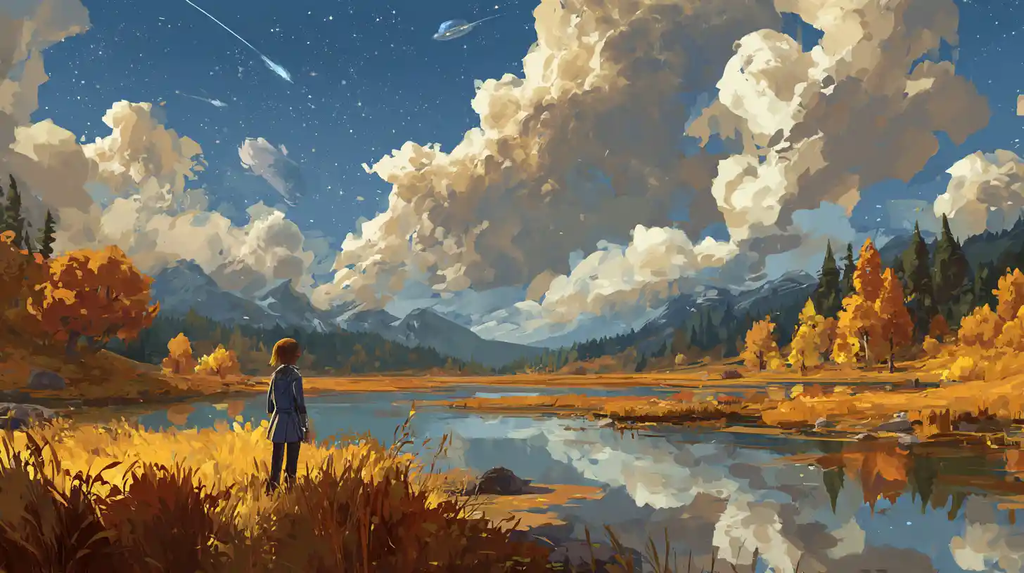 Girl in spacesuit watching clouds over autumn river