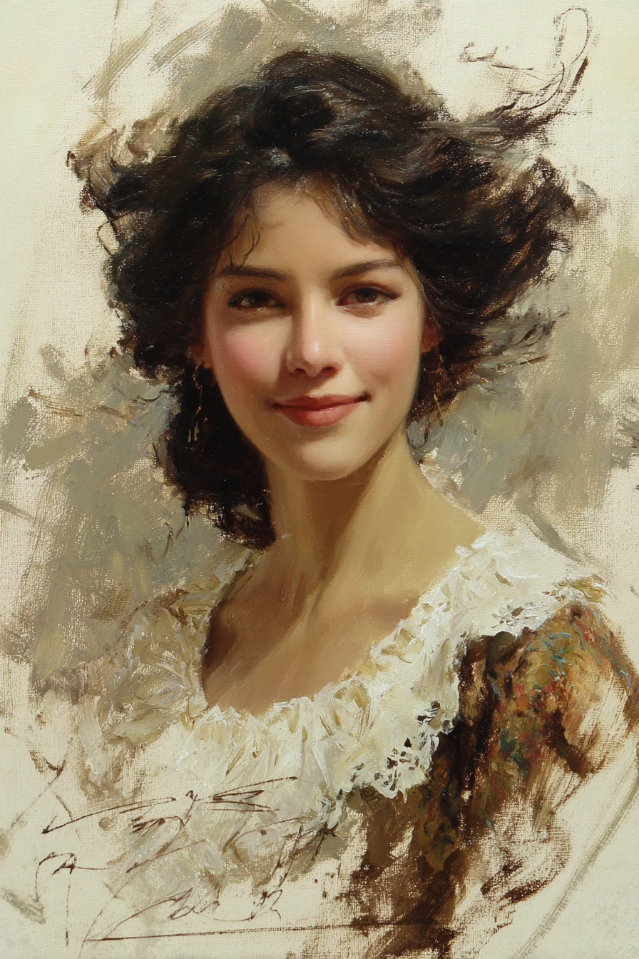 Gentle portrait of a dark haired maiden in lace dress