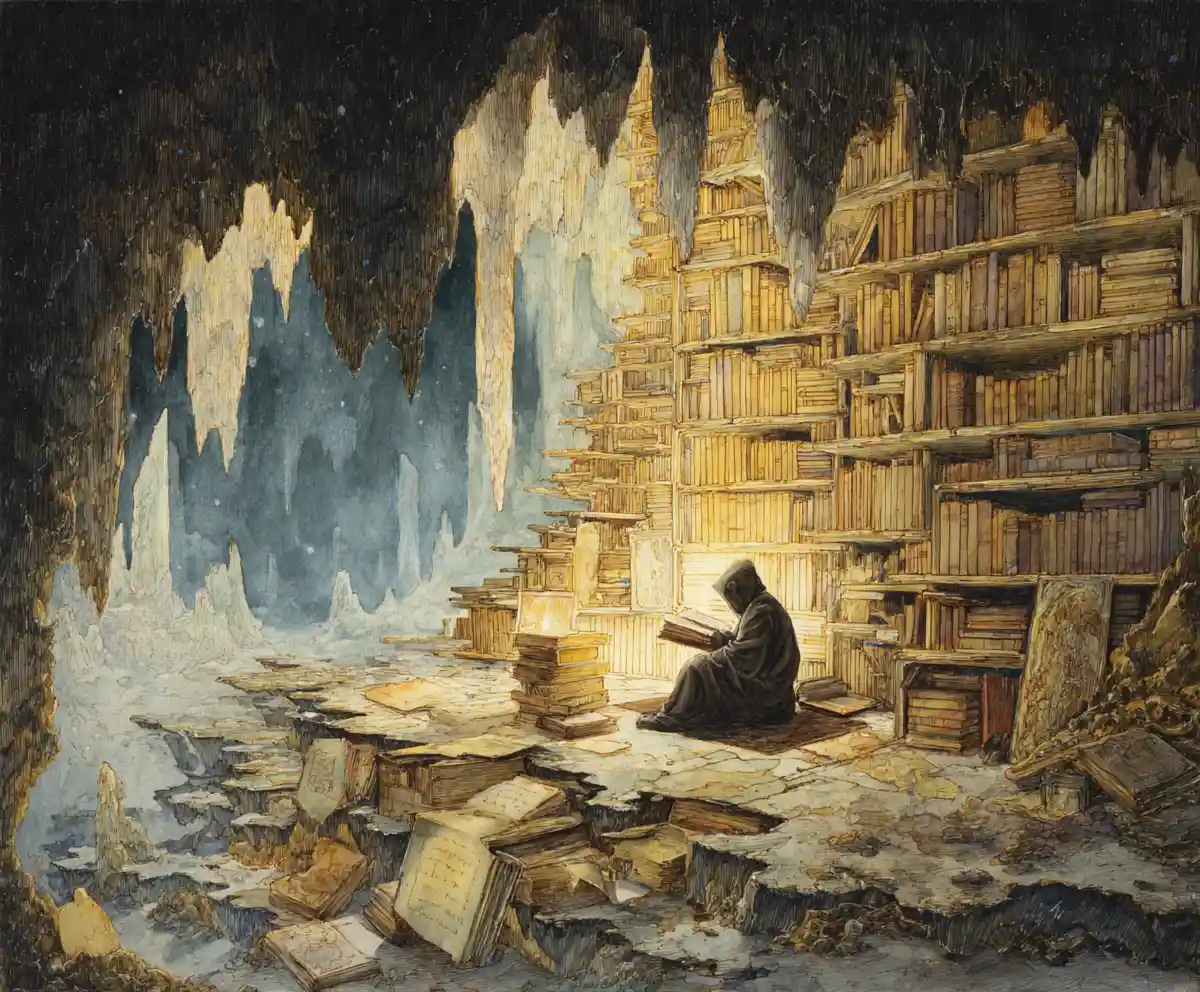 Cloaked scholar reading in a moonlit geode library