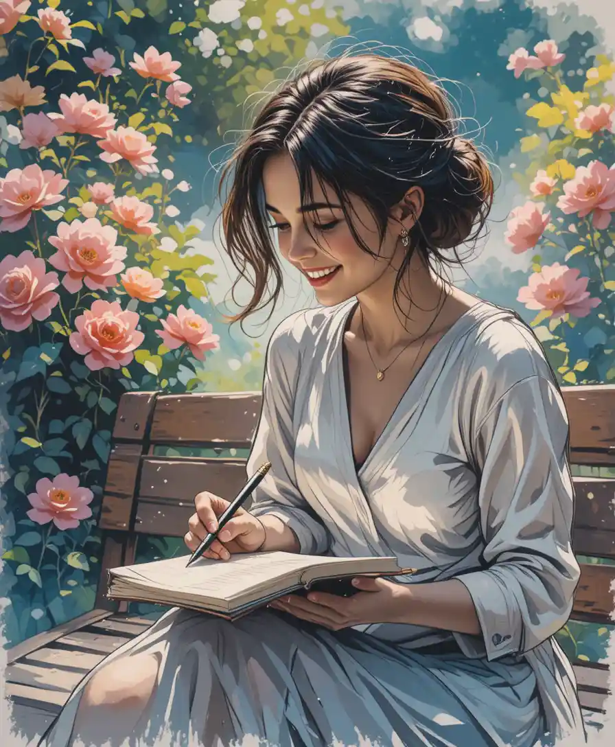 Woman writing in a notebook on a garden bench