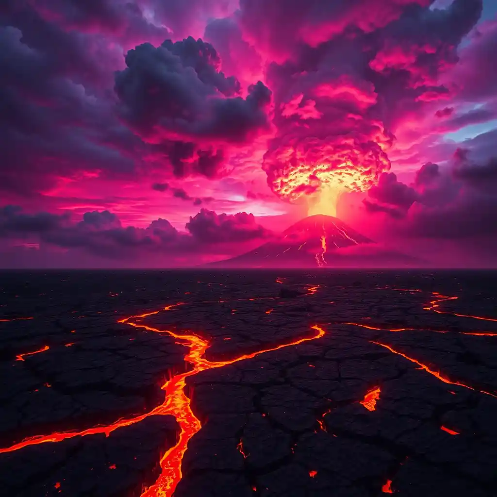 Erupting volcano over cracked lava field under surreal sky