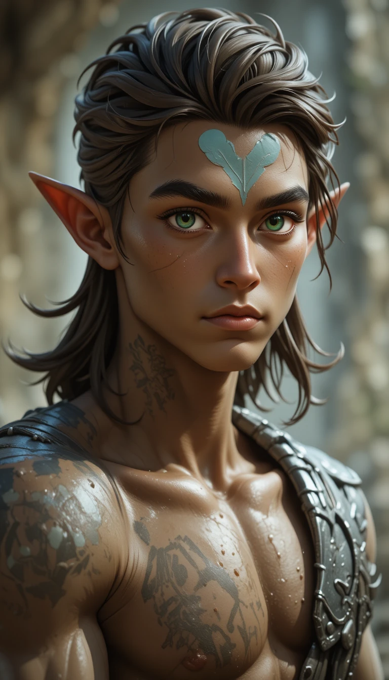 Young fantasy man with brown skin and green eyes portrait