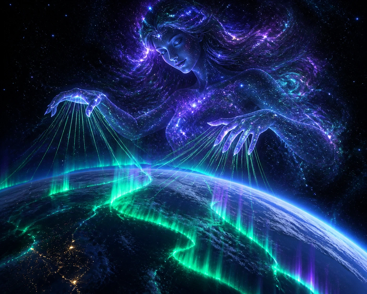 Ethereal stardust goddess weaving auroras around Earth