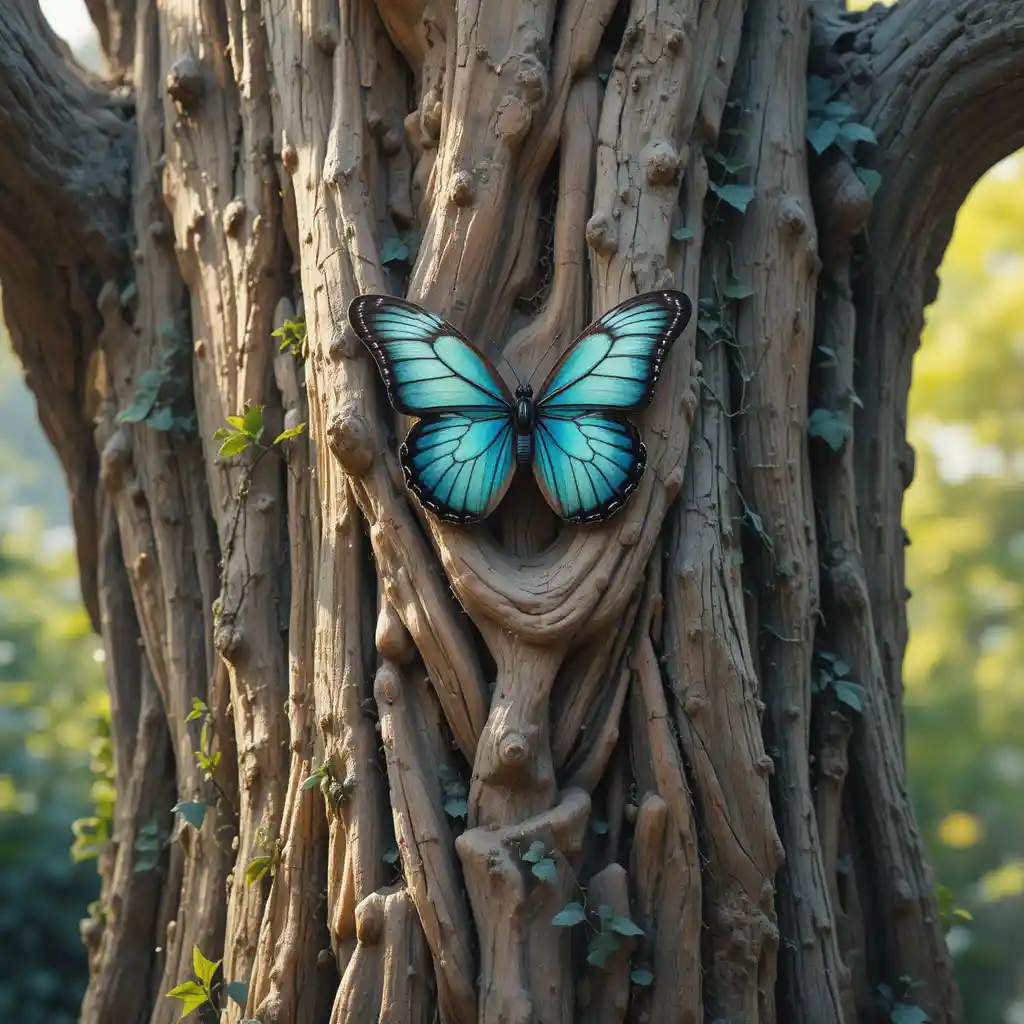 Butterfly Resting On Ancient Tree In Golden Afternoon Light