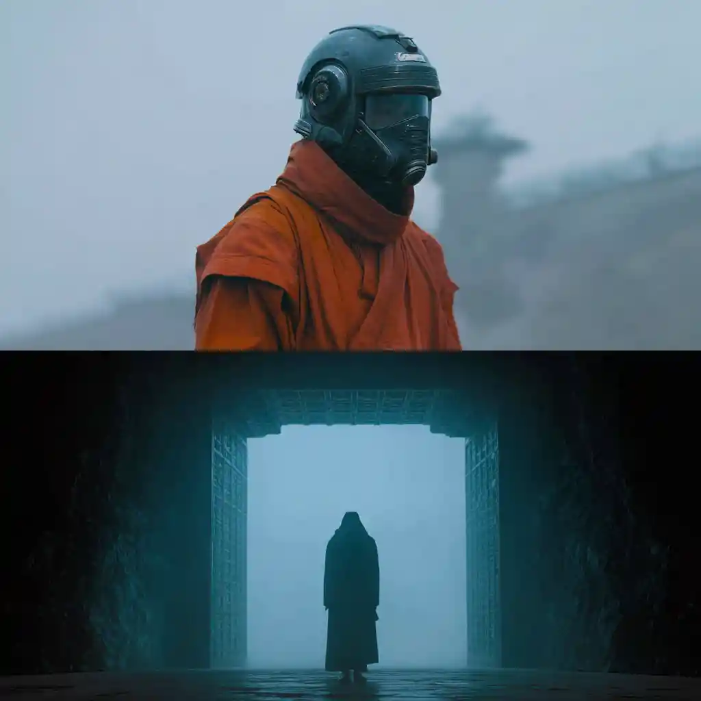 Young traveler monk before a dark mountain monastery gate