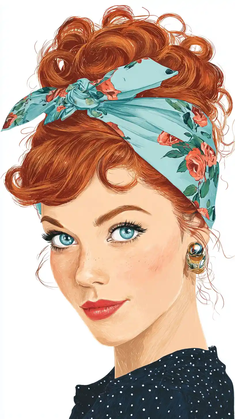 Red haired vintage woman portrait with blue scarf
