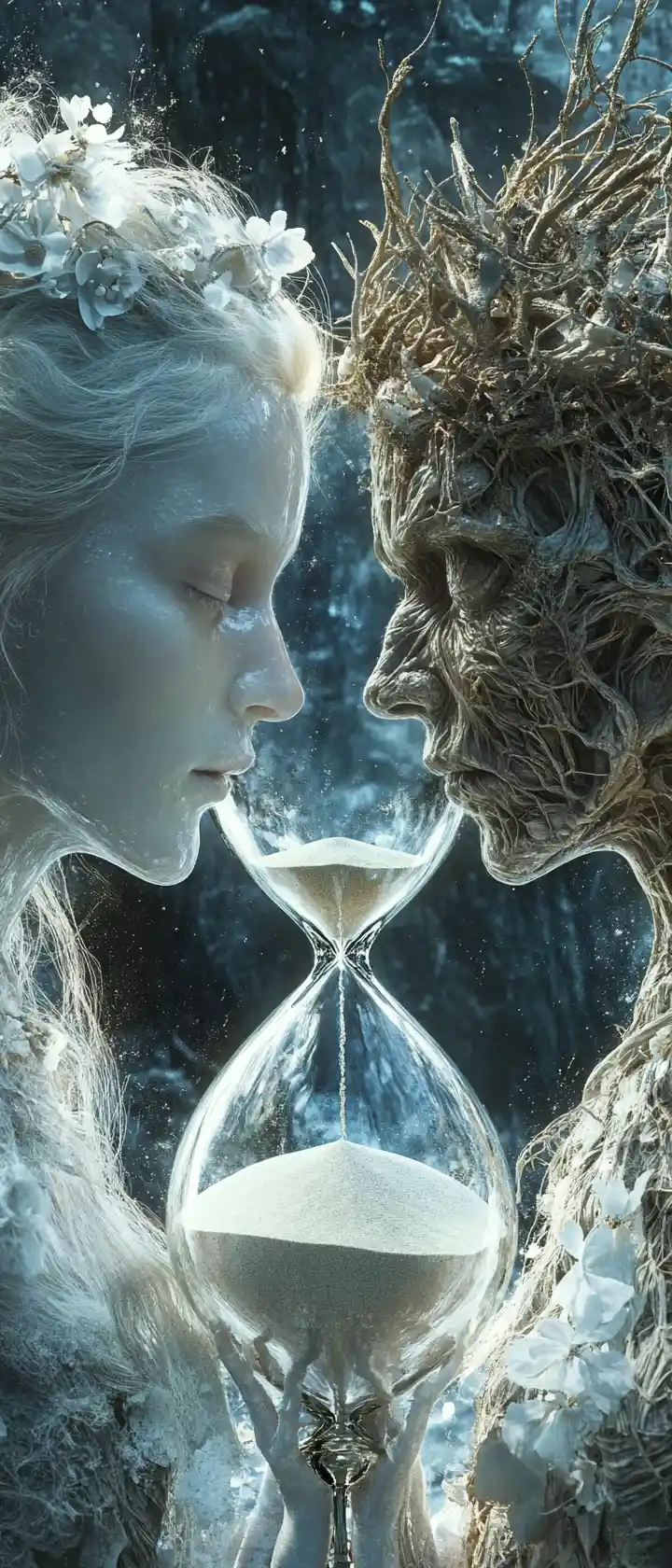 Ghostly twin women holding a melting hourglass