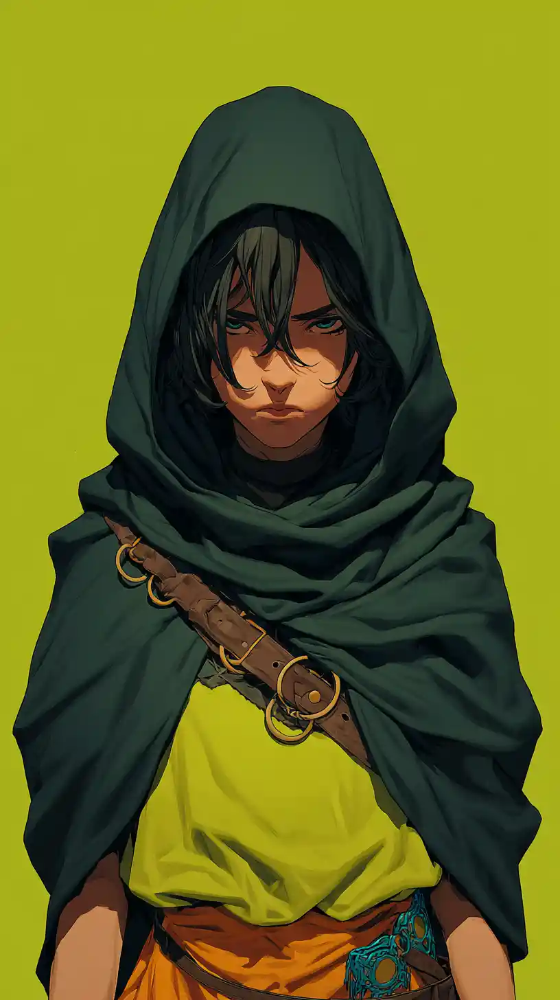 Hooded anime girl in green cloak with intense front gaze