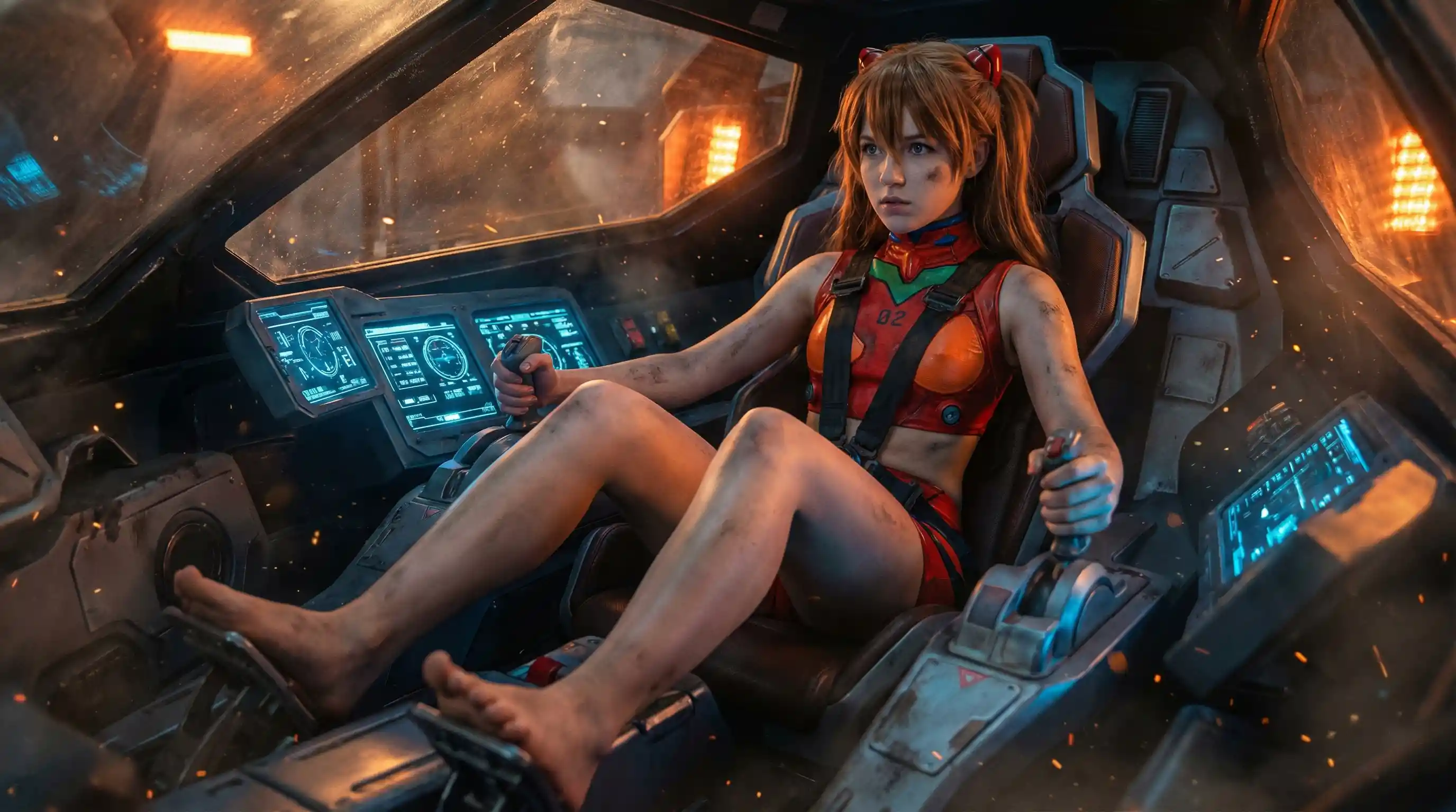 Anime girl pilot framed in a tense mech cockpit closeup