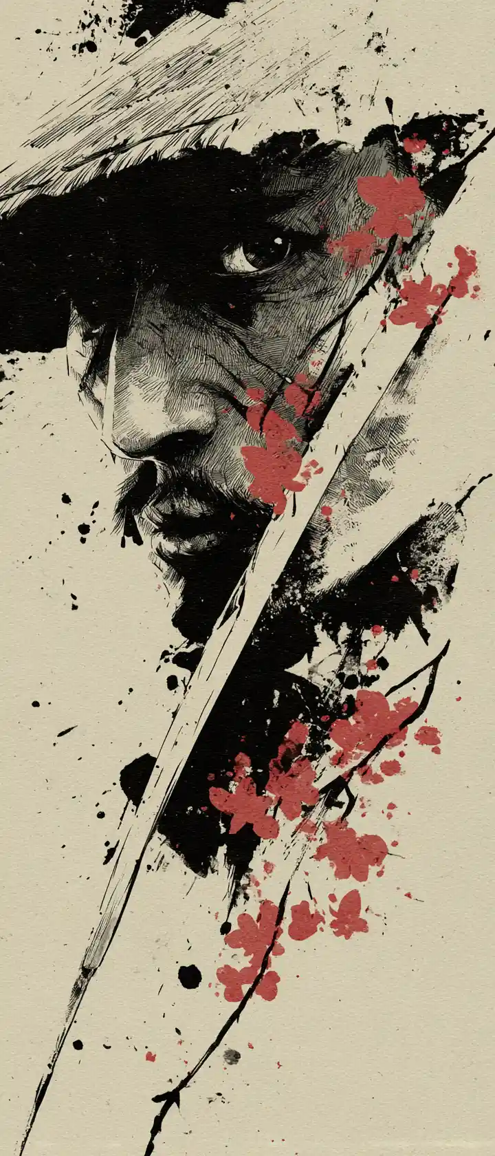 Samurai sword slash in expressive ink with cherry blossoms